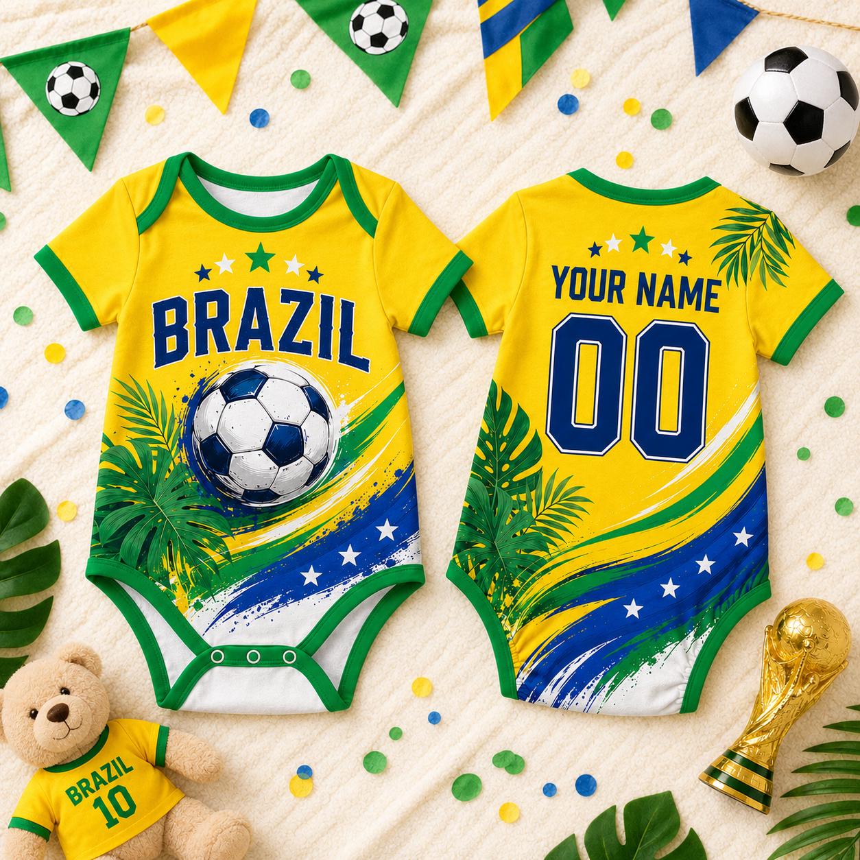 Custom Brazil Baby Soccer Bodysuit, Brazil Football Onesie, World Cup 2026 Baby Gift