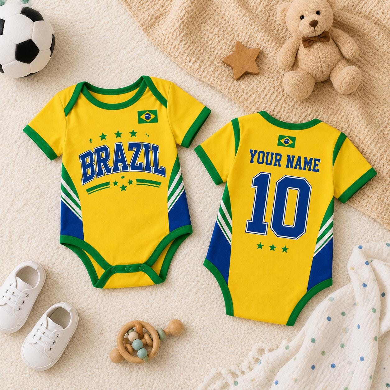 Personalized Brazil Baby Bodysuit, Brazil Soccer Romper, Custom Infant Outfit, Baby Shower Gift