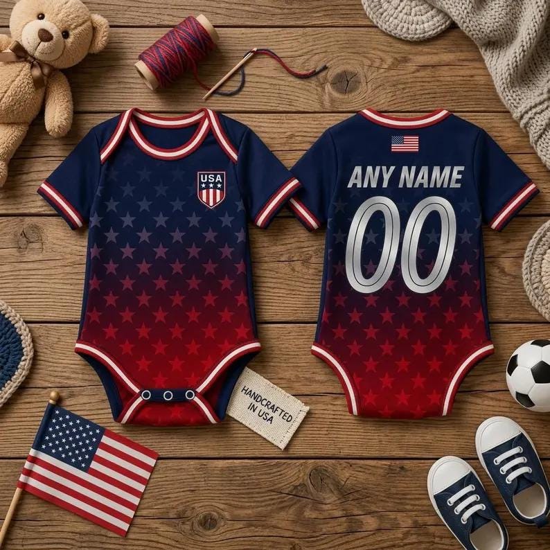 Personalized USA Baby Bodysuit, Custom Name Soccer Baby Outfit, USA Football Fan Gift, American Jersey Onesie
