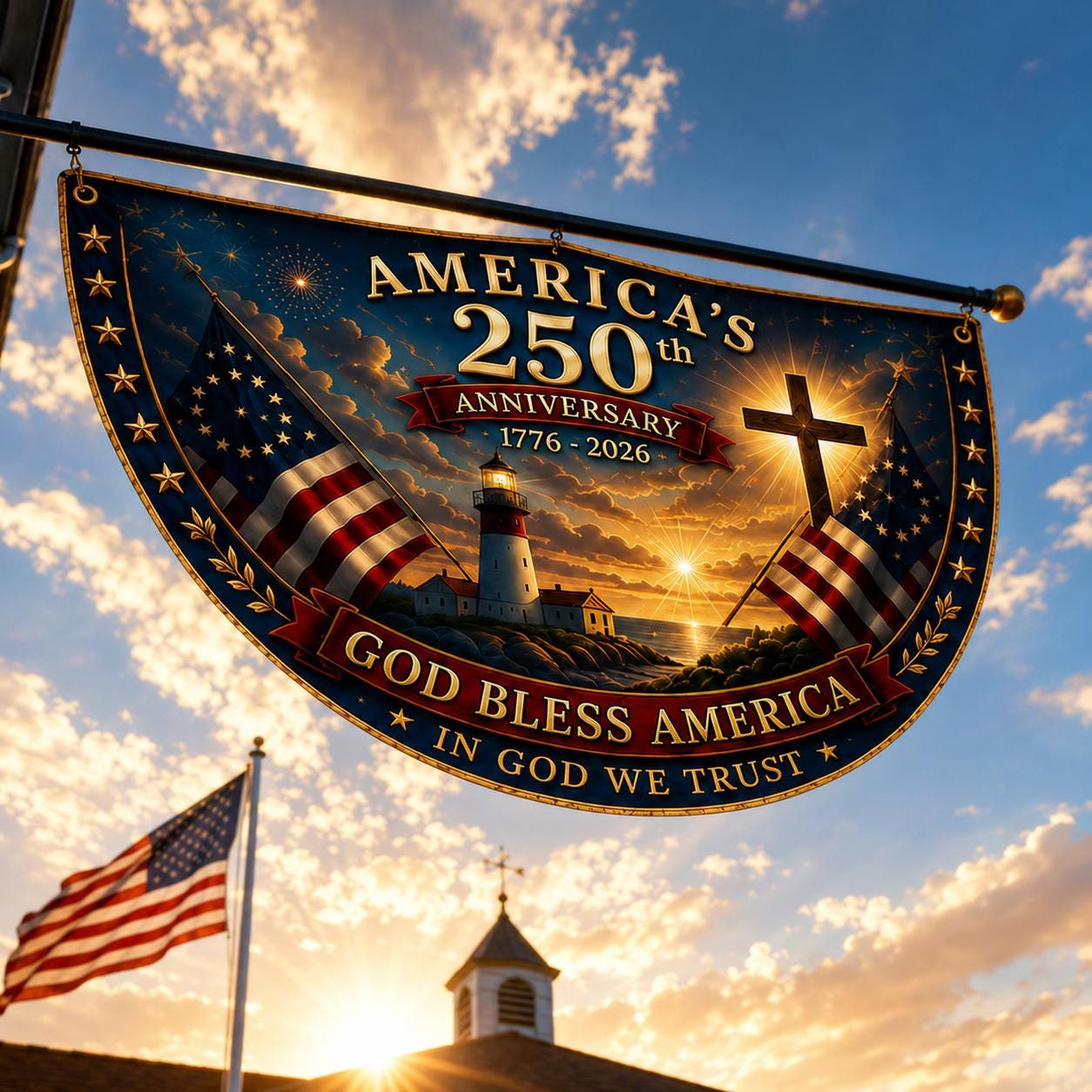 USA 250th Anniversary Patriotic Bunting Banner, America 1776–2026 Semicircle Fence Flag, Christian Freedom Porch Decor