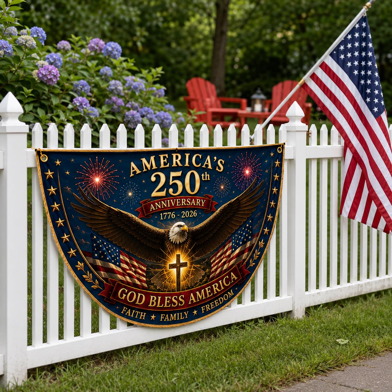 USA 250th Anniversary Patriotic Bunting Banner, America 1776–2026 Semicircle Fence Flag, Christian Freedom Porch Decor