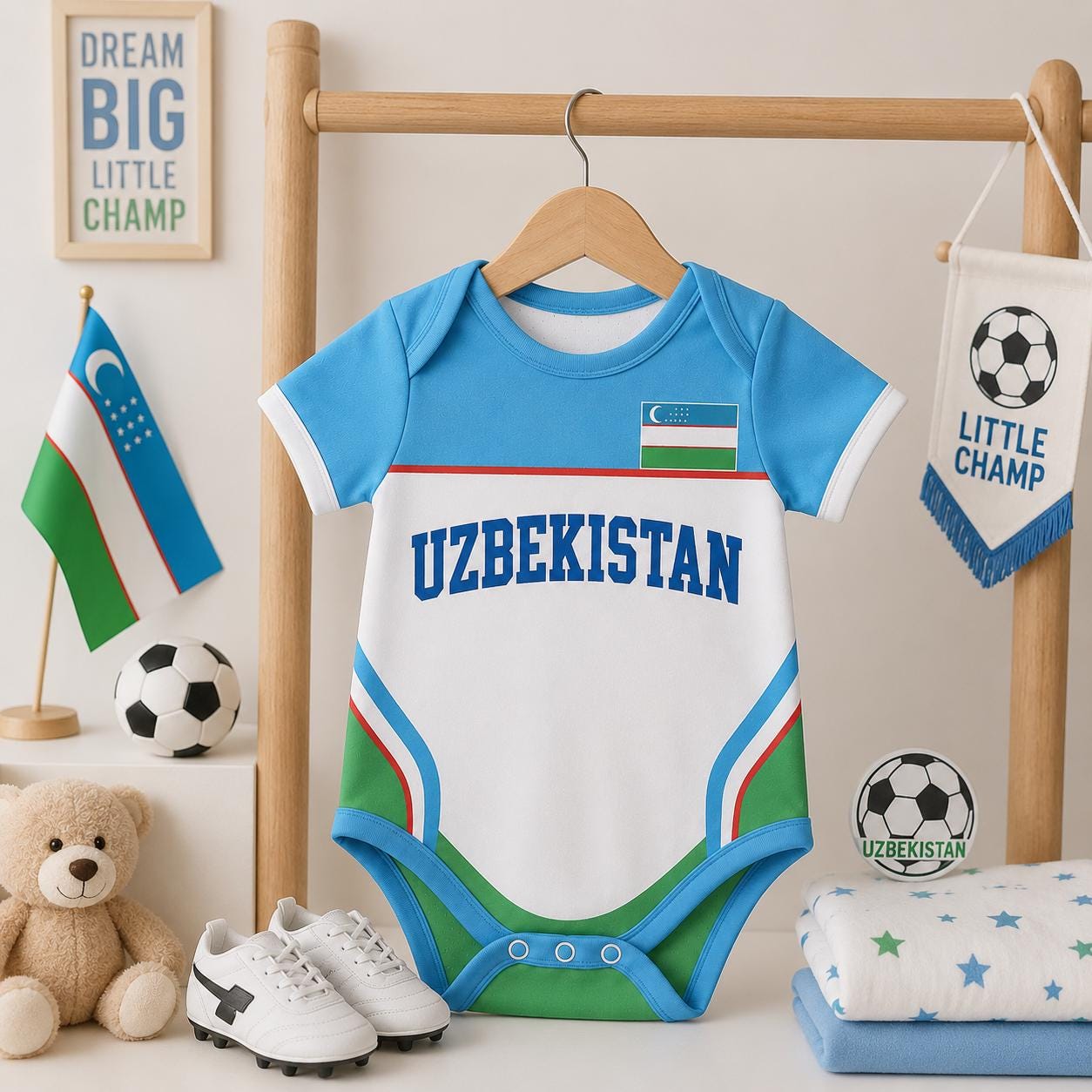 Personalized Uzbekistan Baby Bodysuit, Uzbekistan Soccer Romper, Custom Baby Gift, Baby Shower Gift