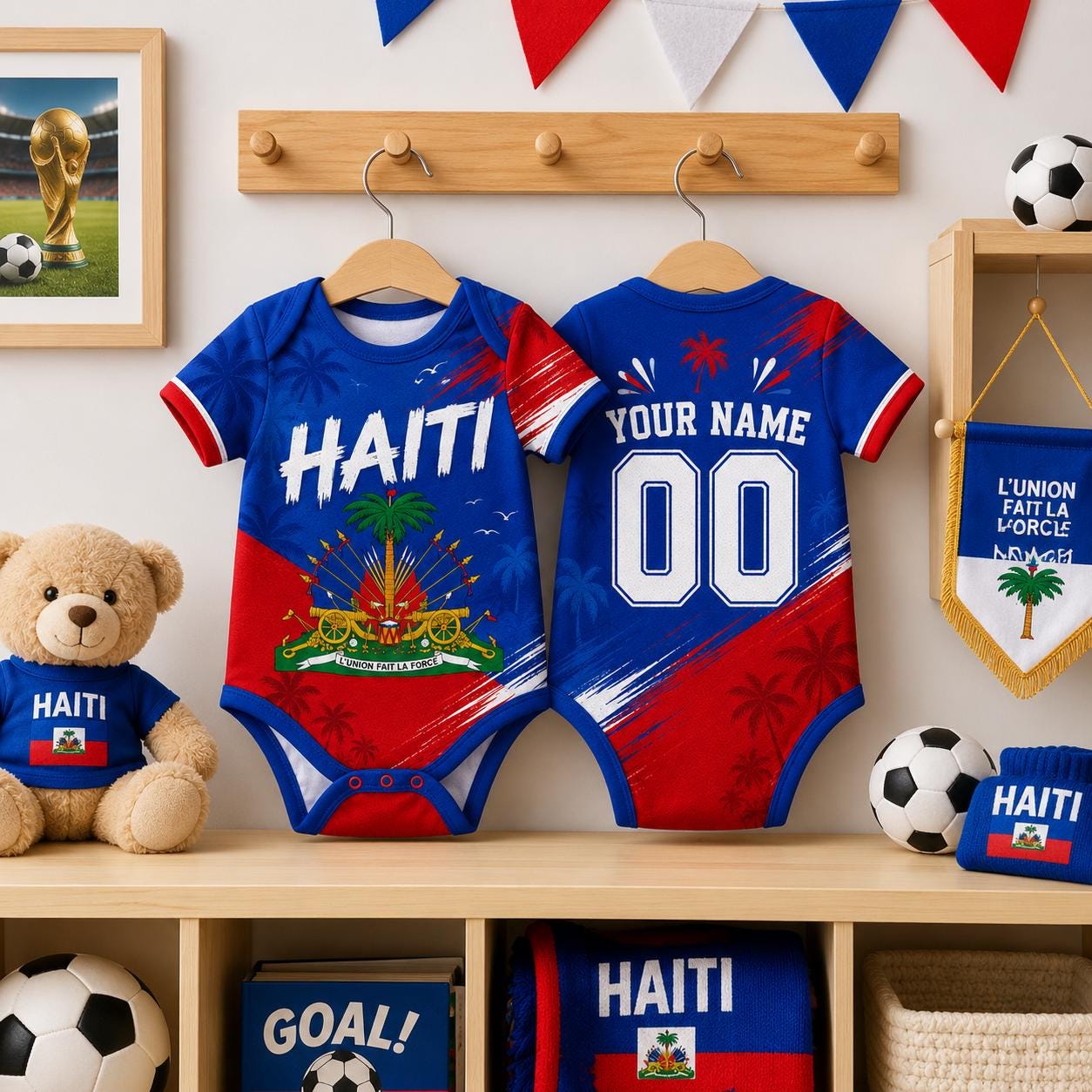 Personalized Haiti Baby Soccer Bodysuit, Custom Name Number Haiti Fan Baby Outfit, Haiti Jersey Romper Gift