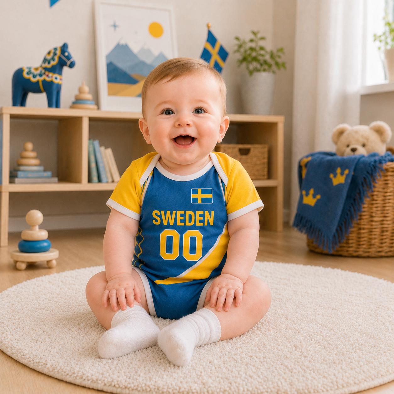 Personalized Sweden Baby Bodysuit, Sweden Soccer Romper, Custom Name Number Outfit, Baby Shower Gift