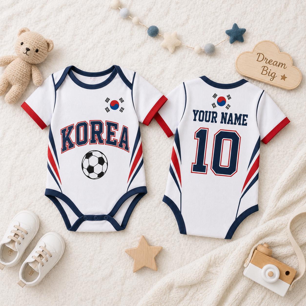 Personalized South Korea Baby Bodysuit, South Korea Soccer Romper, Custom Name Number Infant Outfit,
