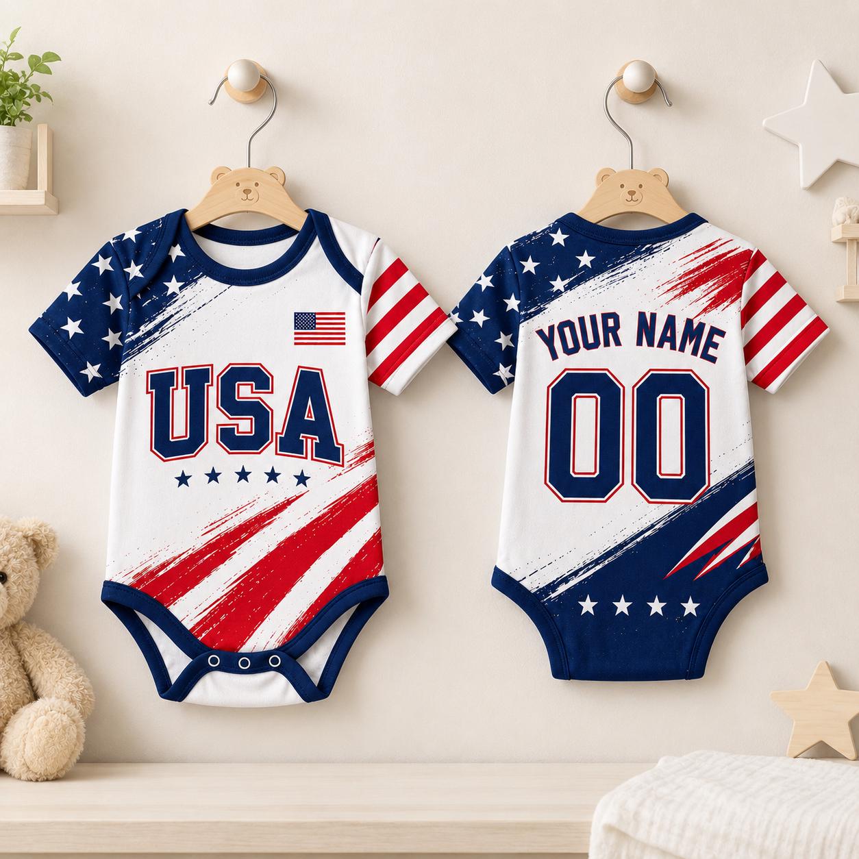 USA Baby Bodysuit | Custom Name Soccer Jersey | Patriotic Infant Outfit | Boys & Girls Football Gift