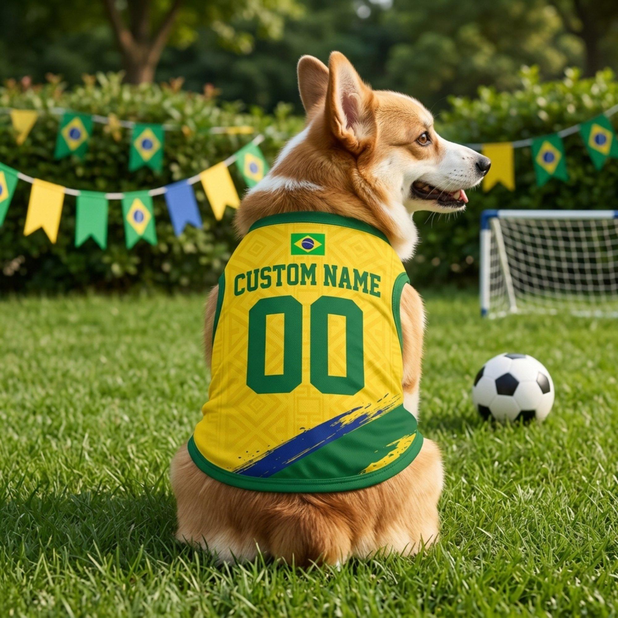 Personalized Brazil Dog Jersey, Custom Cat Football Shirt Name Number, Yellow Green Mesh Pet Soccer