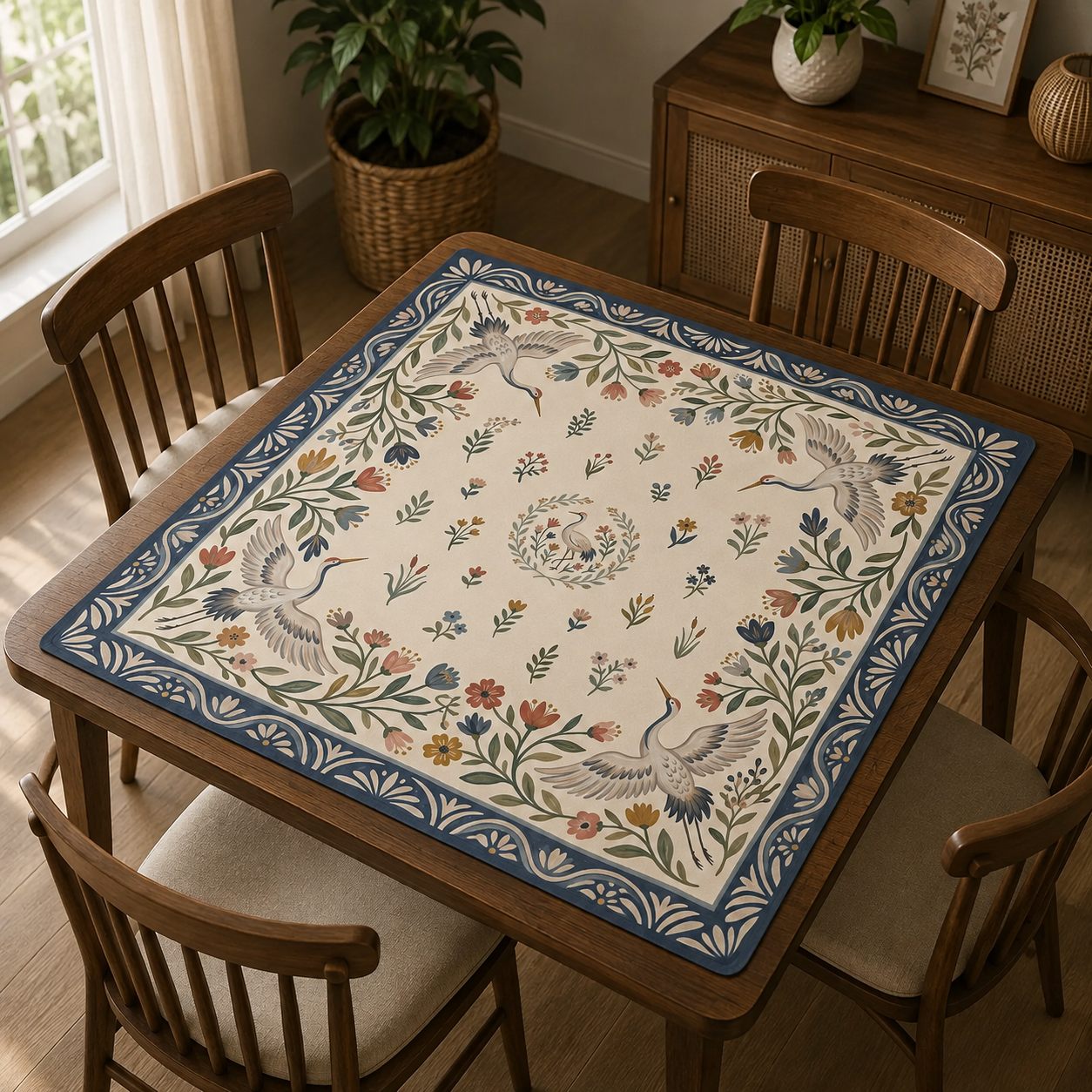 Crane Garden Mahjong Mat, Folk Art Floral Game Mat, Custom Monogram Mahjong Mat, Colorful Botanical