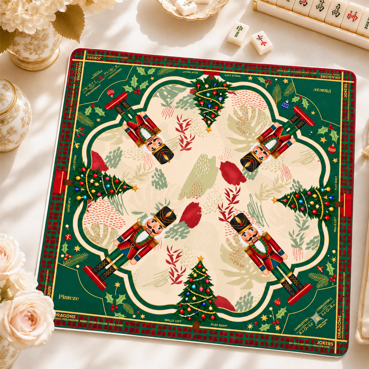 Christmas Nutcracker Mahjong Mat, Red Green Holiday Game Mat, Traditional Christmas Tree Style, Non-slip Table Cover