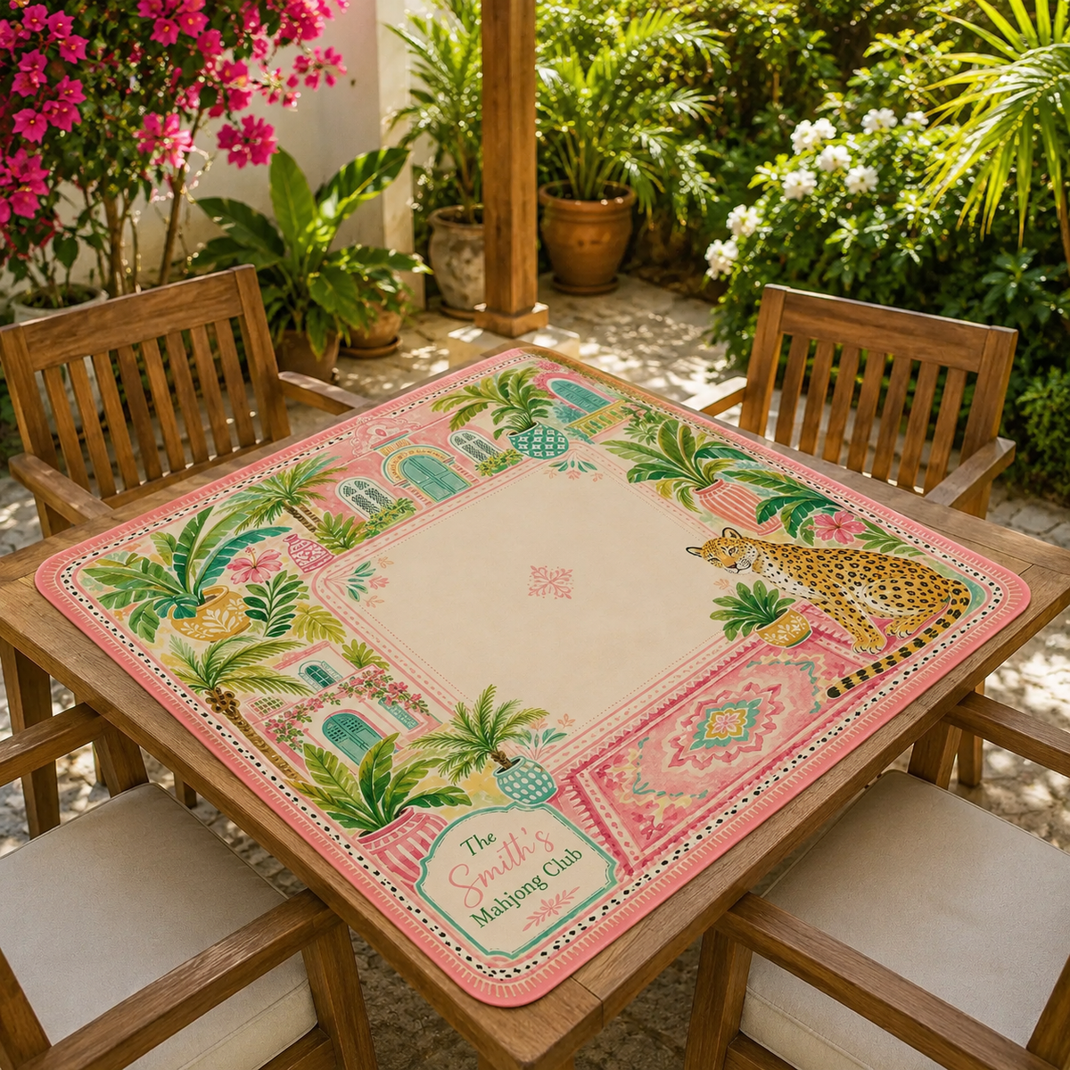 Tropical Mahjong Mat, Leopard Print, Personalized Game Board, Boho Resort Style Table Mat