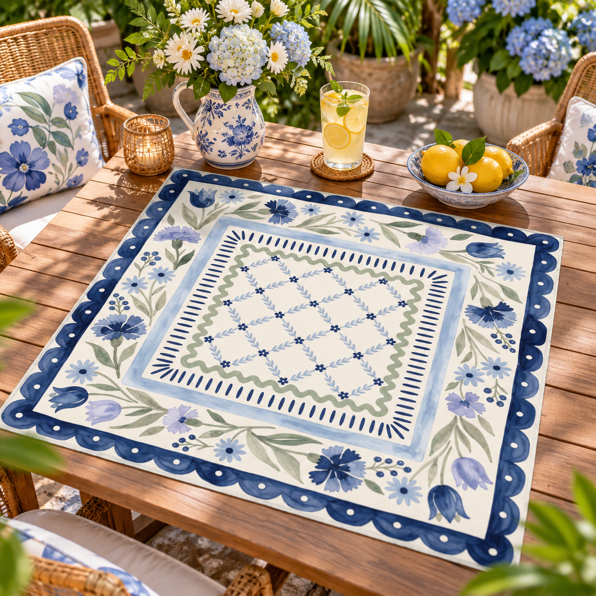 Cornflower Scallop Mahjong Mat, Folk Art Floral Game Night Gift, Blue Floral Playmat