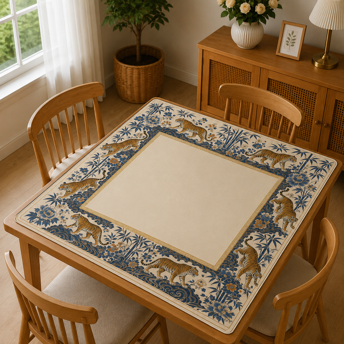 Tiger & Peony Mahjong Mat, Blue and Gold Chinoiserie Game Mat with Non-Slip Base