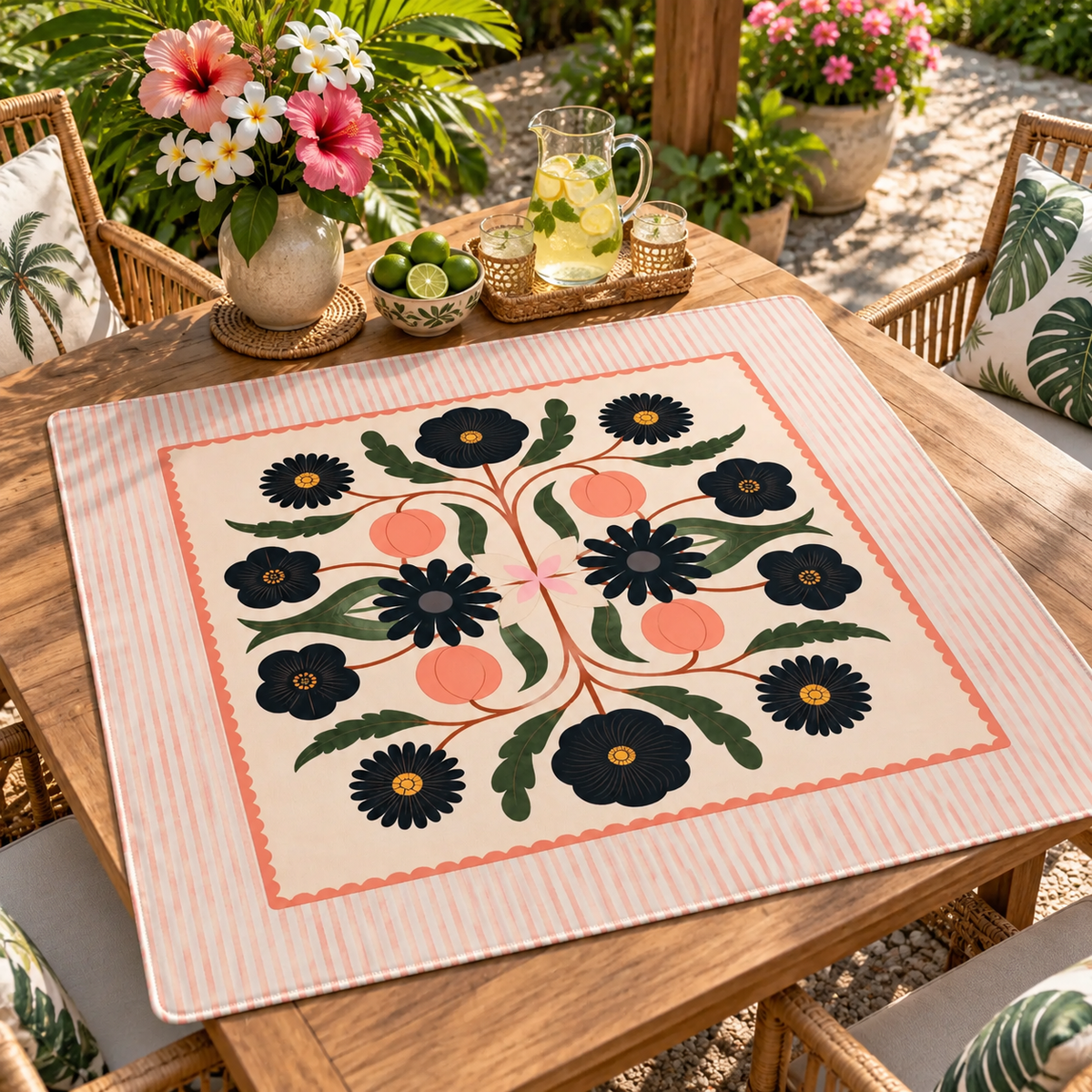 Floral Mahjong Mat, Pink Striped Mahjong Table Mat, Vintage Flower Game Mat