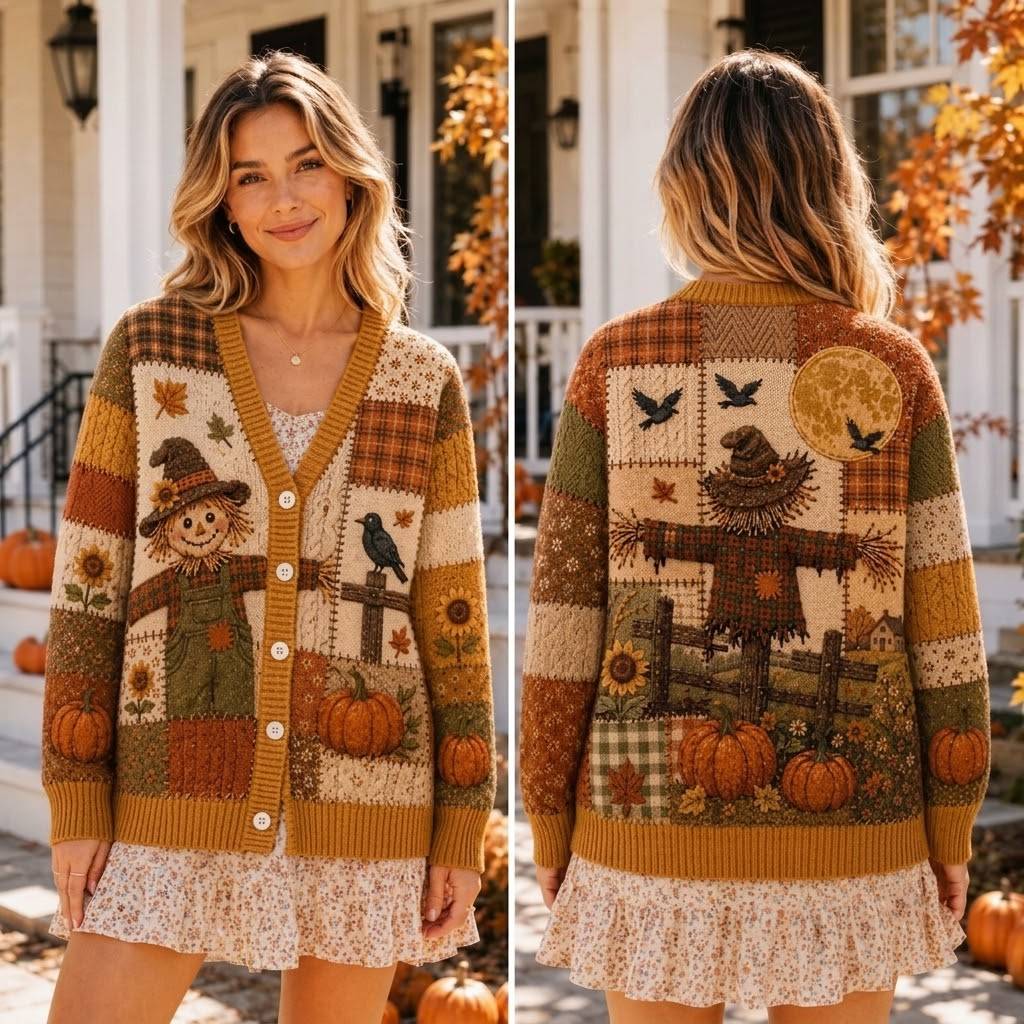 Fall Cardigan for Women, Pumpkin Patchwork Sweater, Halloween Gift, Autumn Harvest Knit, Cozy Thanksgiving Top