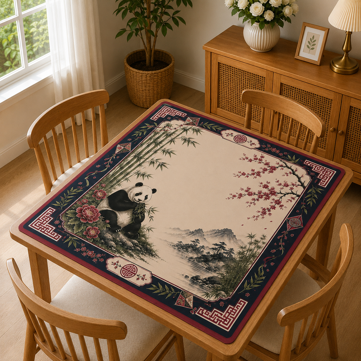 Mahjongmat Green with Cute Panda Print