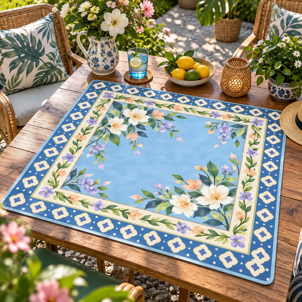 Blue Floral Mahjong Mat, Grandmillennial American Mahjong Mat, White Blossom Garden, Lavender Peach Flowers