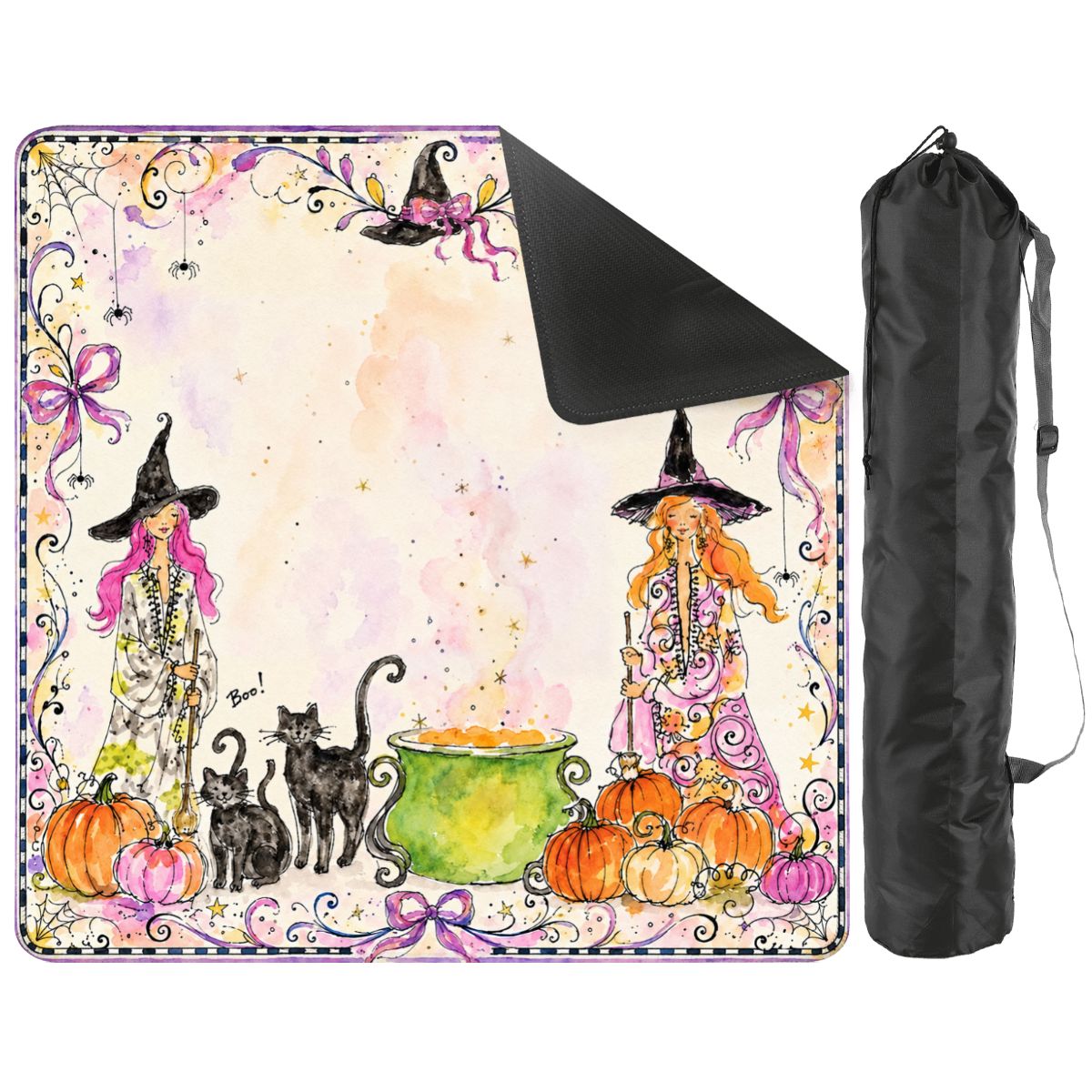 Whimsical Halloween Witches Mahjong Mat, Black Cat Cauldron Purple Bows Table Cover, Spooky Season Game Decor