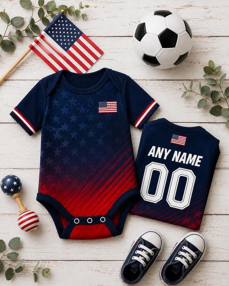 Personalized USA Baby Bodysuit, Custom Name Soccer Baby Outfit, USA Football Fan Gift, American Jersey Onesie