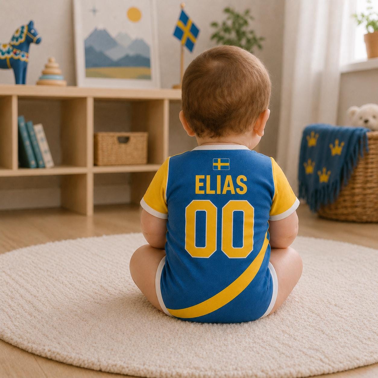 Personalized Sweden Baby Bodysuit, Sweden Soccer Romper, Custom Name Number Outfit, Baby Shower Gift