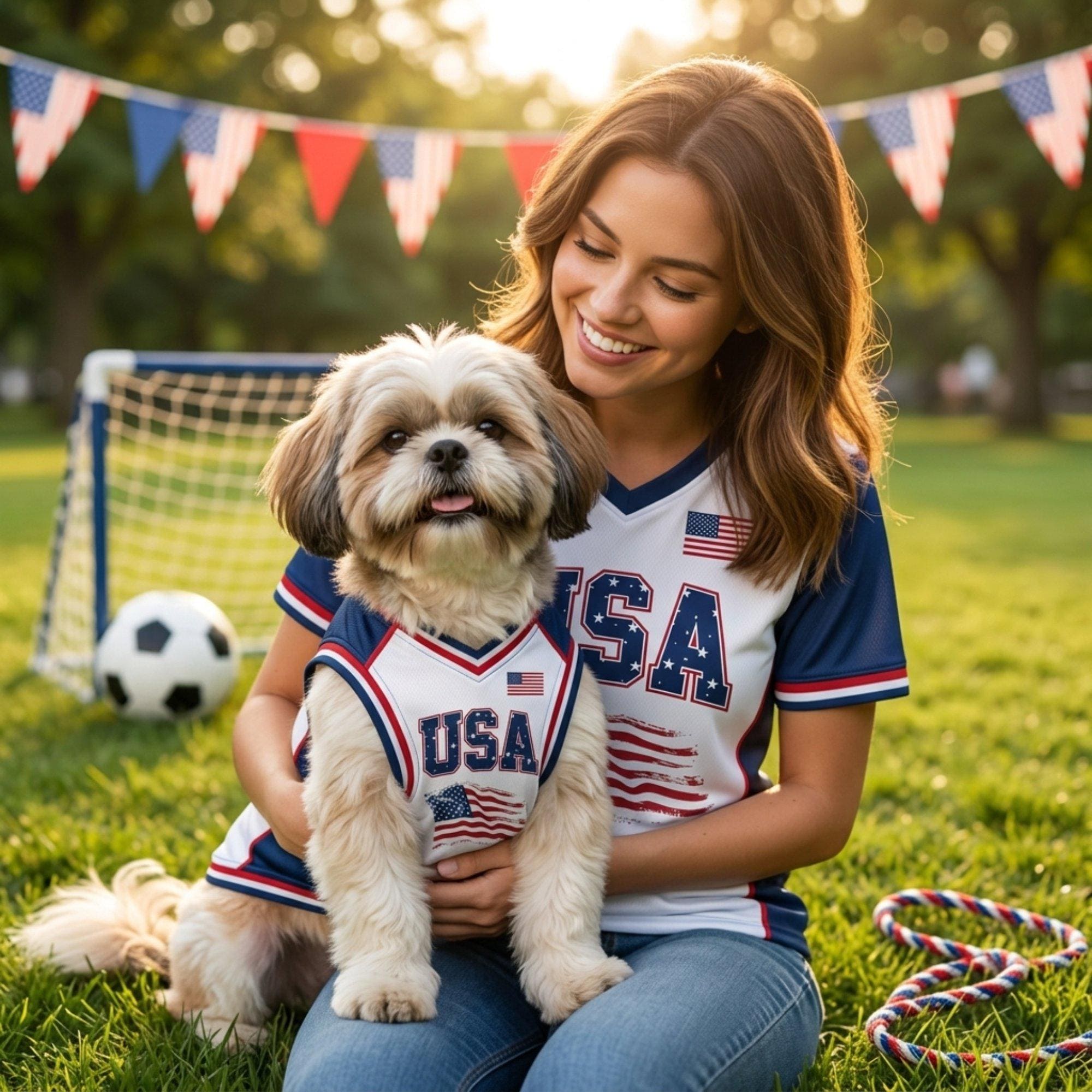 Personalized USA Pet Soccer Jersey, Custom Dog Cat Football Shirt, Stars Stripes Pet Jersey