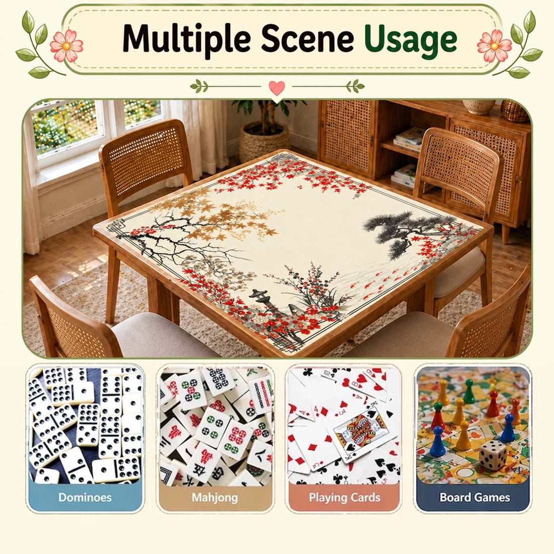 Mahjong Mat, Japanese Maple Koi Mah Jongg Table Topper, Non-Slip Game Mat, Autumn Garden