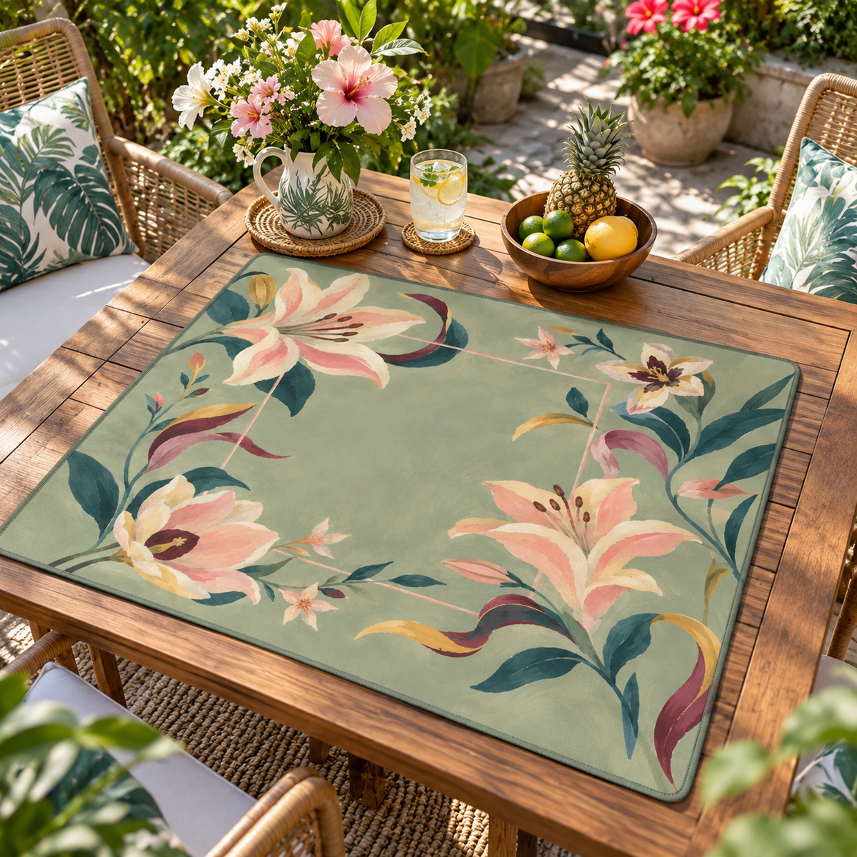 Sage Green Lily Mahjong Mat, American Mahjong Mat, Pink Floral Garden, Grandmillennial Botanical Mahjong Gift