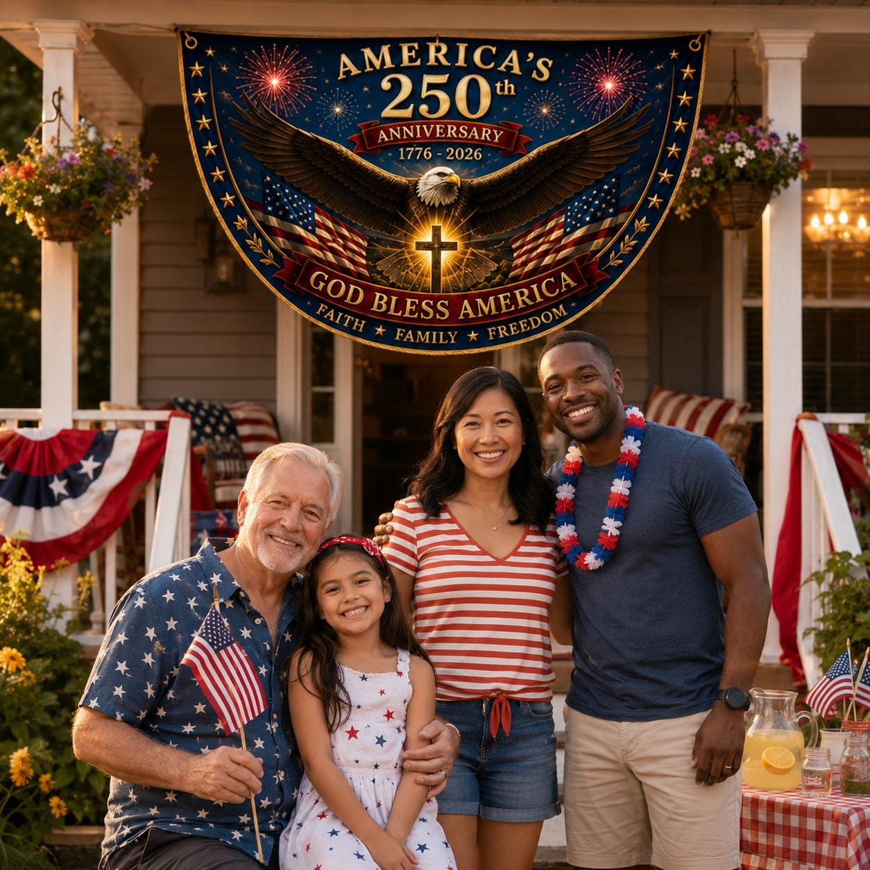 USA 250th Anniversary Patriotic Bunting Banner, America 1776–2026 Semicircle Fence Flag, Christian Freedom Porch Decor