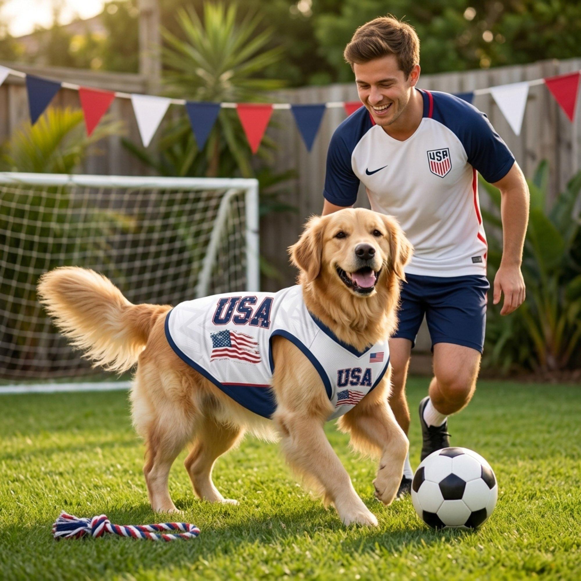 Personalized USA Pet Soccer Jersey, Custom Dog Cat Football Shirt, Stars Stripes Pet Jersey
