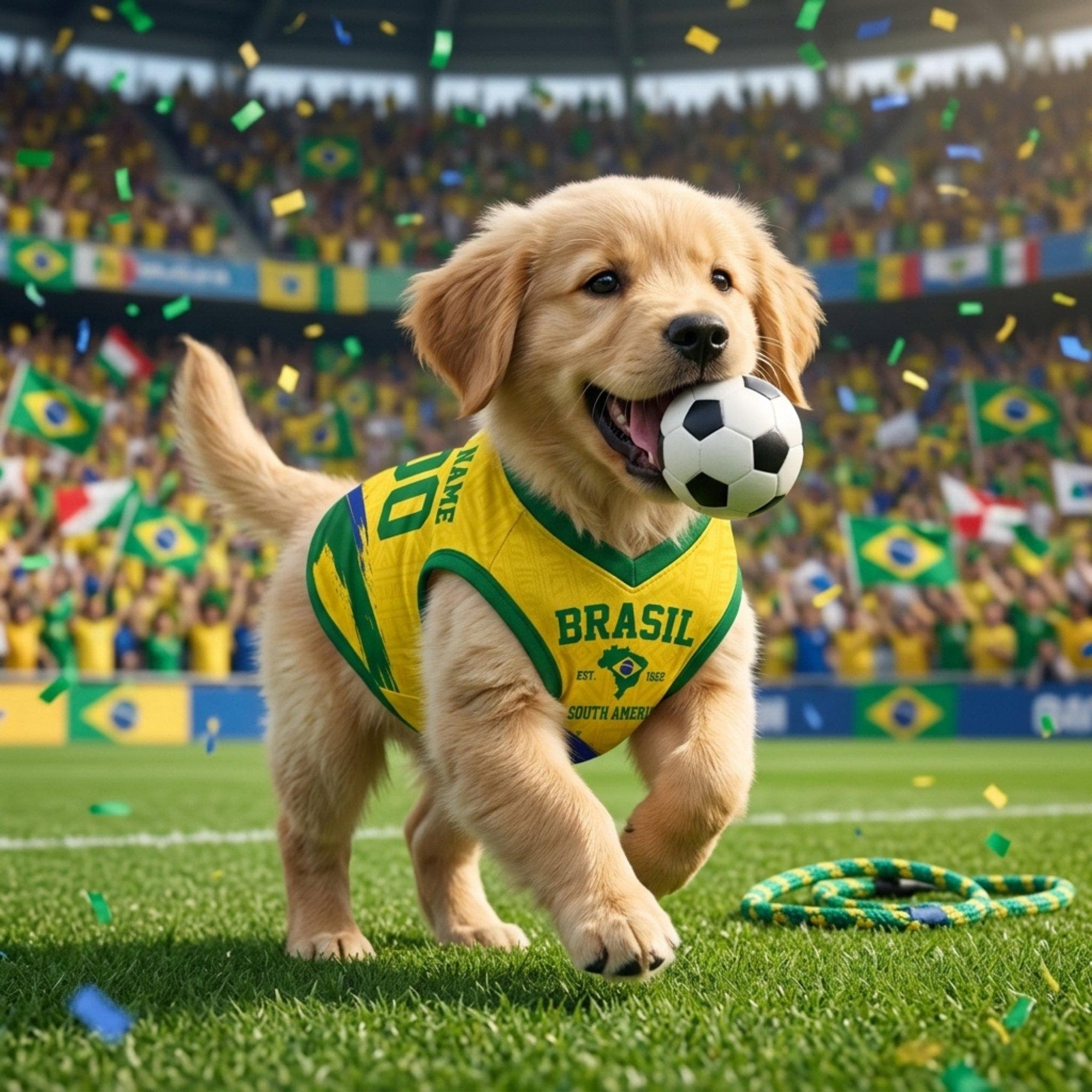 Personalized Brazil Dog Jersey, Custom Cat Football Shirt Name Number, Yellow Green Mesh Pet Soccer