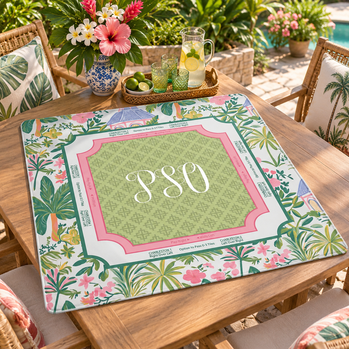 Personalized Preppy Pink & Green Floral Tropical Palm Tree Mahjong Mat, Game Night Mahjong Club Gift