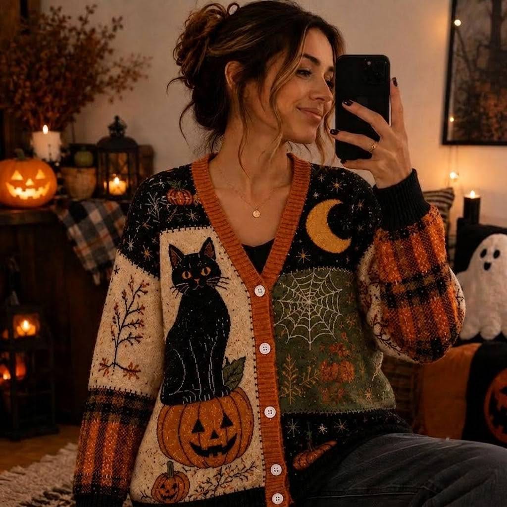 Black Cat Pumpkin Halloween Knit Cardigan, Spiderweb Moon Fall Sweater, Pumpkin Patch Witchy Cardigan, Spooky Cat