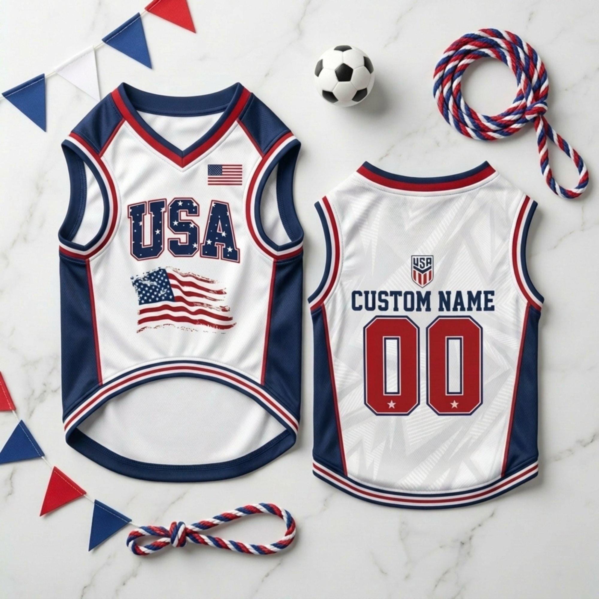 Personalized USA Pet Soccer Jersey, Custom Dog Cat Football Shirt, Stars Stripes Pet Jersey