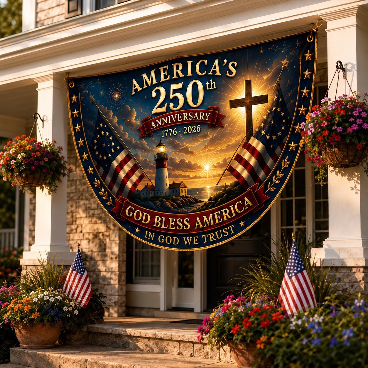 USA 250th Anniversary Patriotic Bunting Banner, America 1776–2026 Semicircle Fence Flag, Christian Freedom Porch Decor
