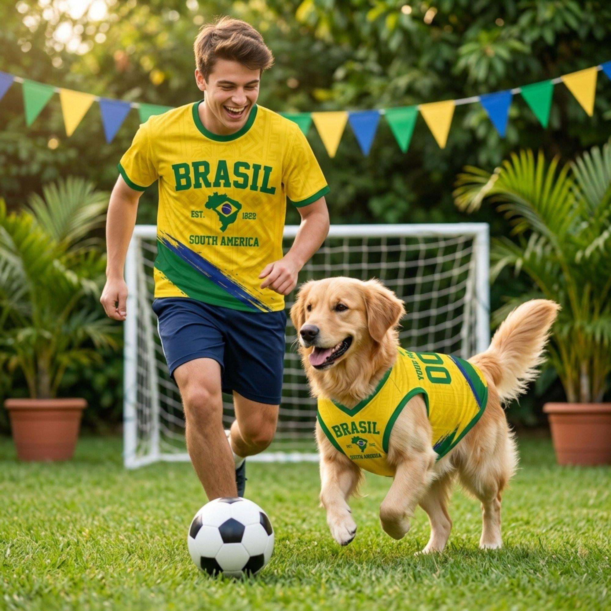 Personalized Brazil Dog Jersey, Custom Cat Football Shirt Name Number, Yellow Green Mesh Pet Soccer