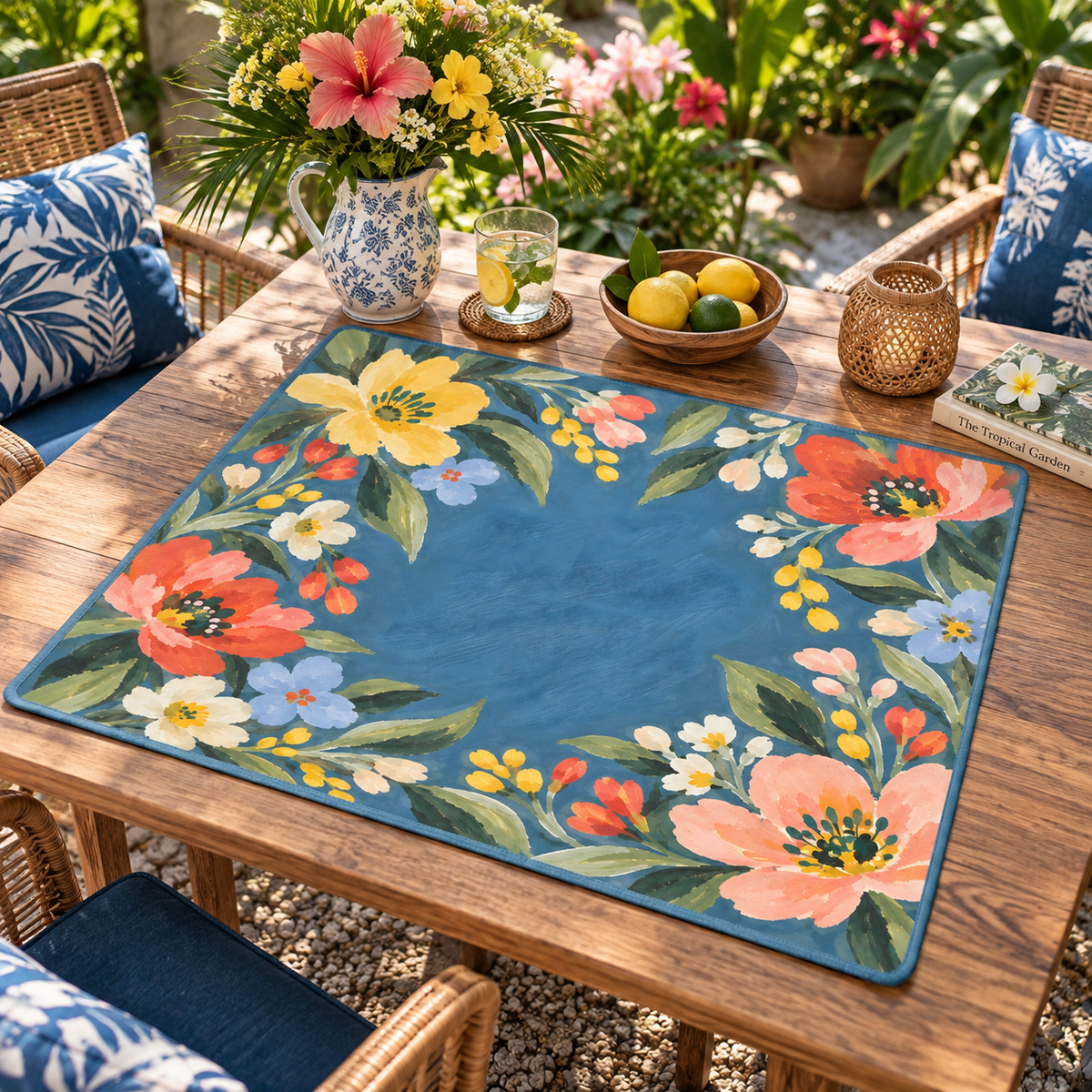 Coral Poppy Mahjong Mat, American Mahjong Mat, Blue Wildflower Forget Me Not Garden Table Cover