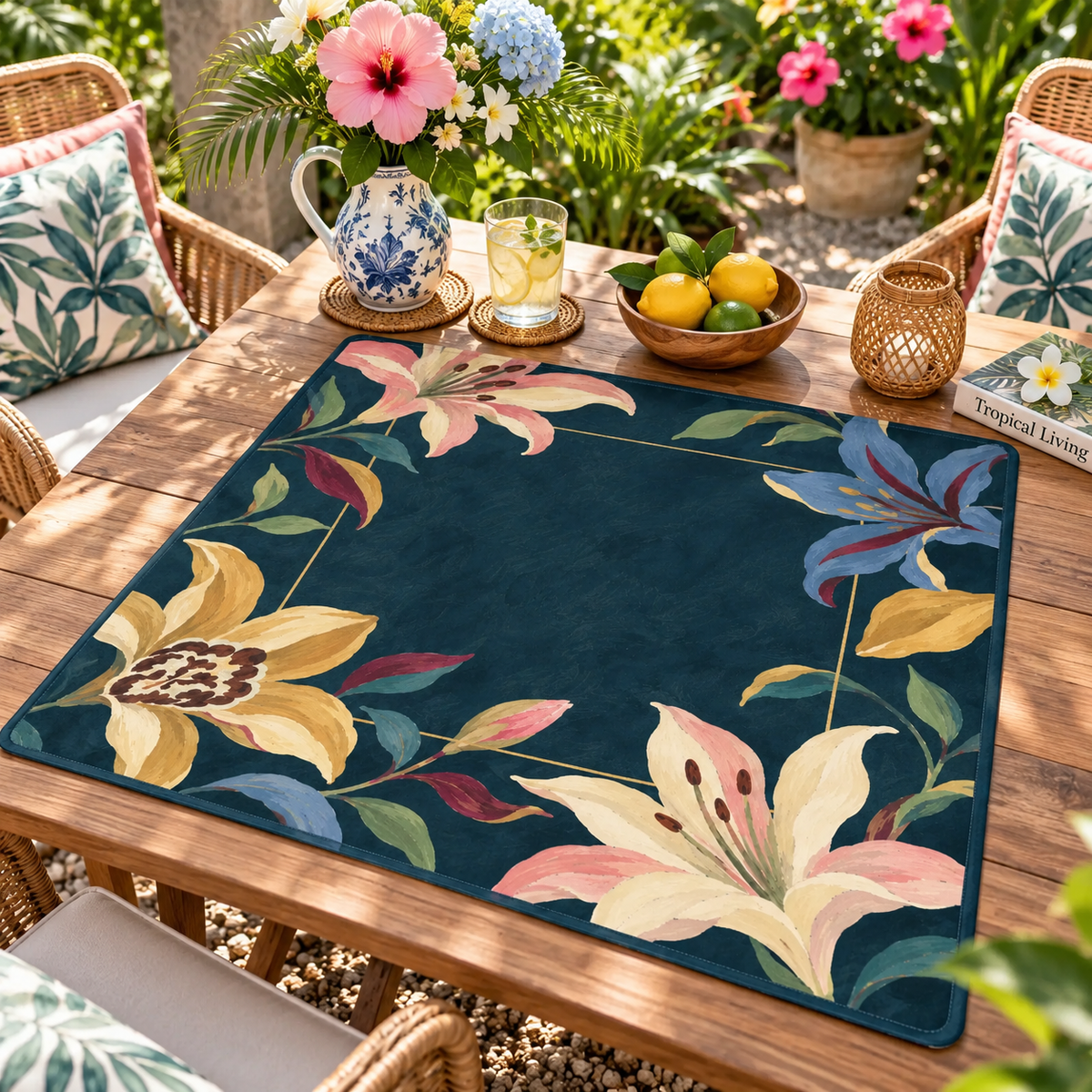 Navy Lily Mahjong Mat, American Mahjong Mat, Moody Botanical Floral Border, Grandmillennial Mahjong Gift