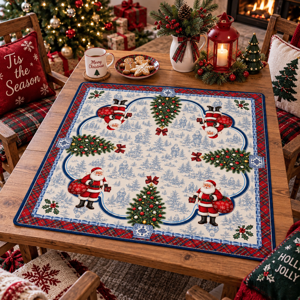 Christmas Santa Mahjong Mat, Luxury Blue White Festive Tartan Game Mat, Non-Slip Table Protect Cover