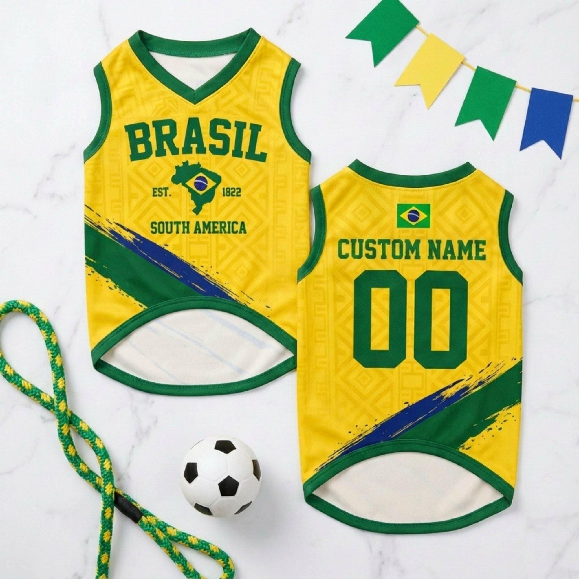 Personalized Brazil Dog Jersey, Custom Cat Football Shirt Name Number, Yellow Green Mesh Pet Soccer