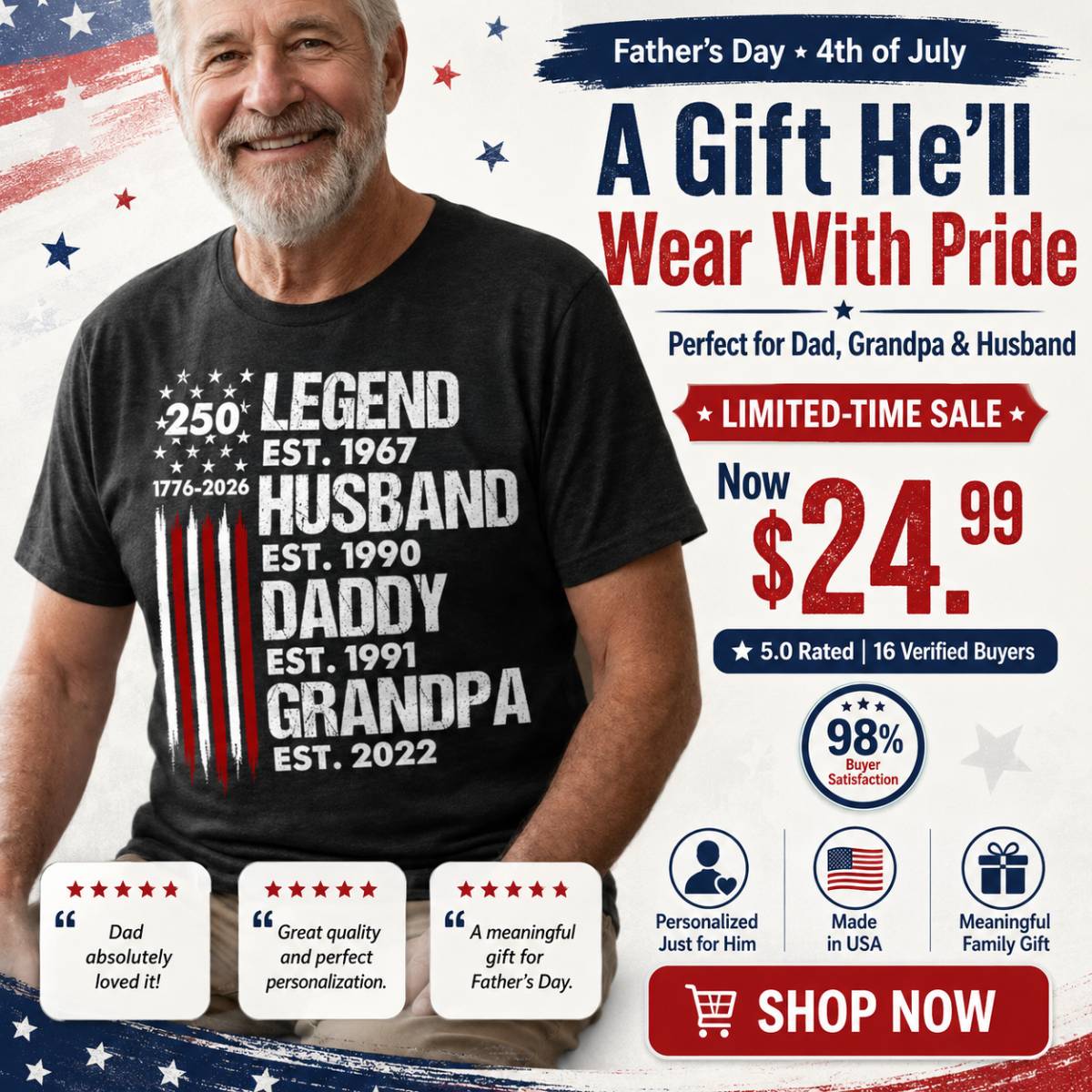 Proud Dad Grandpa Nation Flag American 250th Anniversary - Personalized Shirt - Cool Father's Day Gift For Dad, Grandpa (Copy)