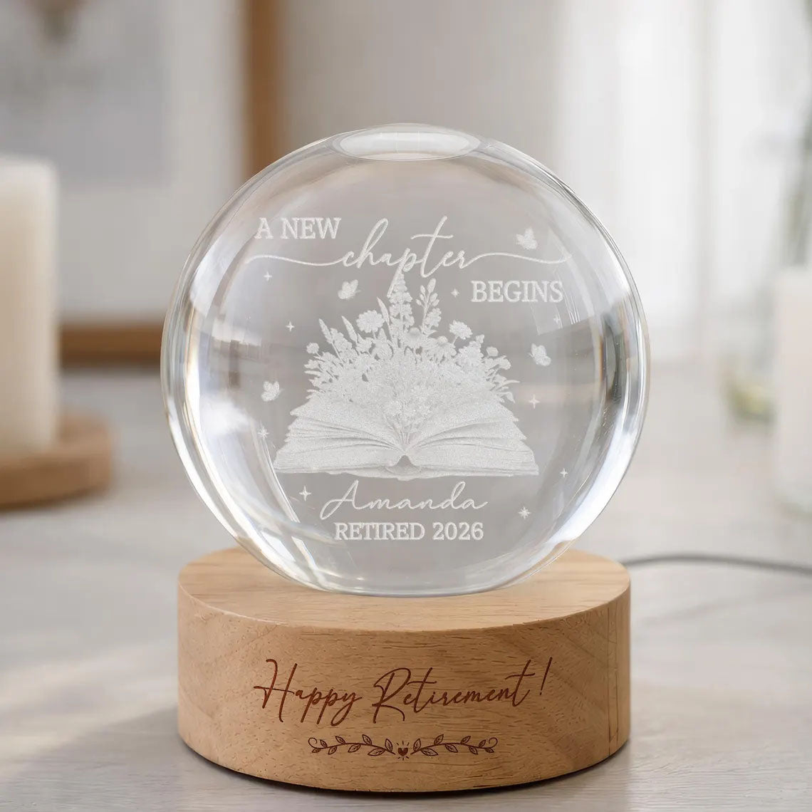 Personalized Retirement Crystal Ball Night Light, Going Away Gift for Coworker