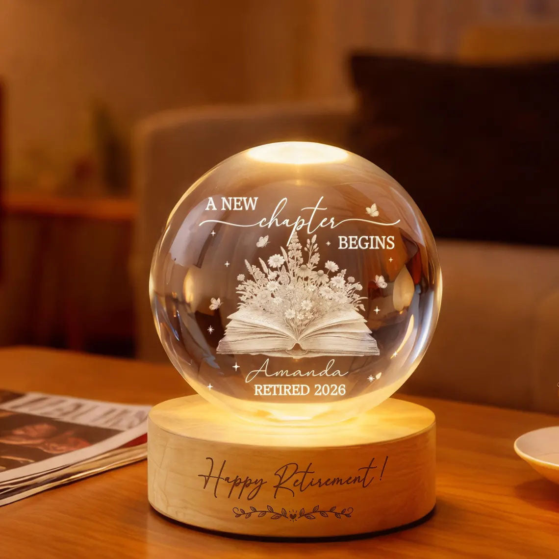 Personalized Retirement Crystal Ball Night Light, Going Away Gift for Coworker