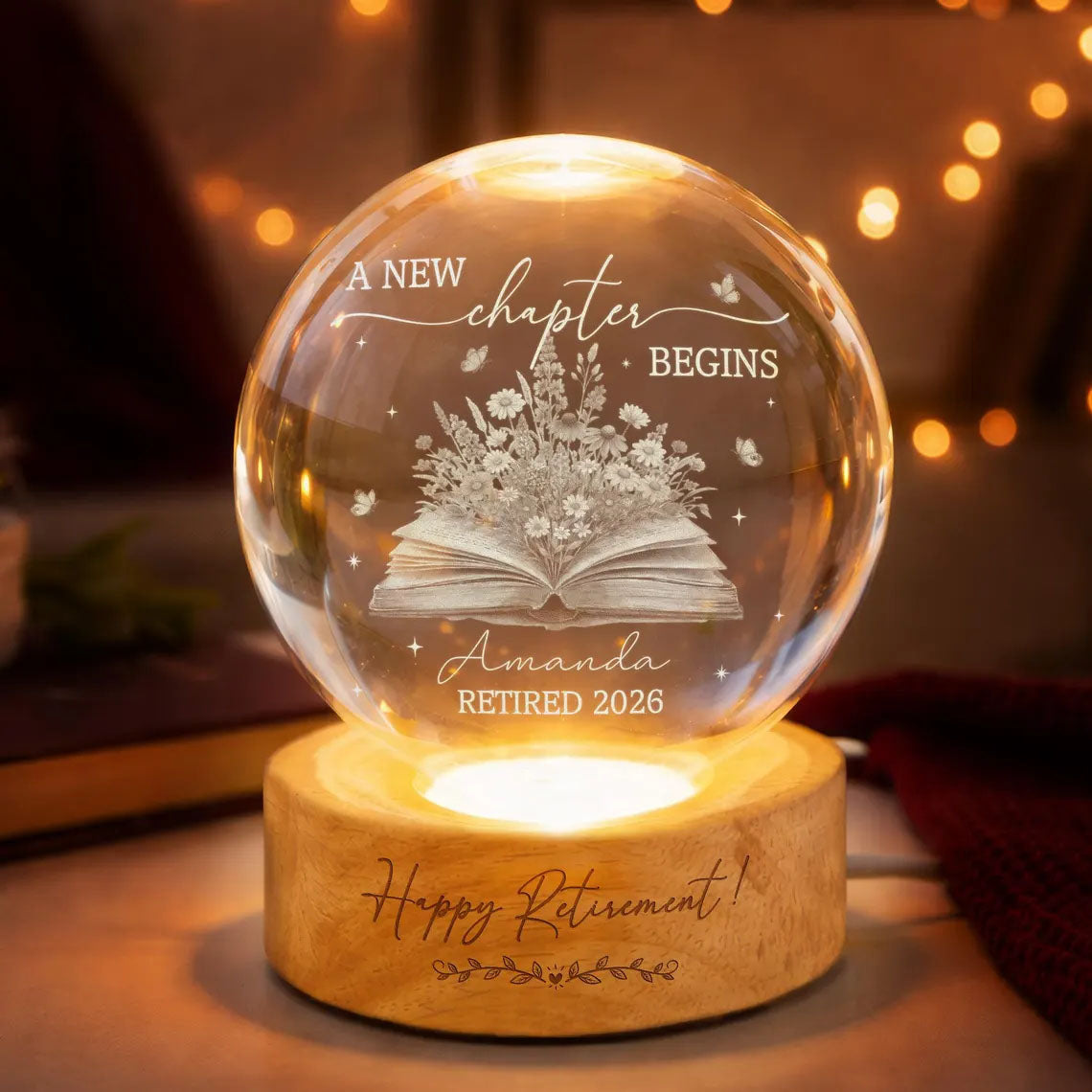 Personalized Retirement Crystal Ball Night Light, Going Away Gift for Coworker