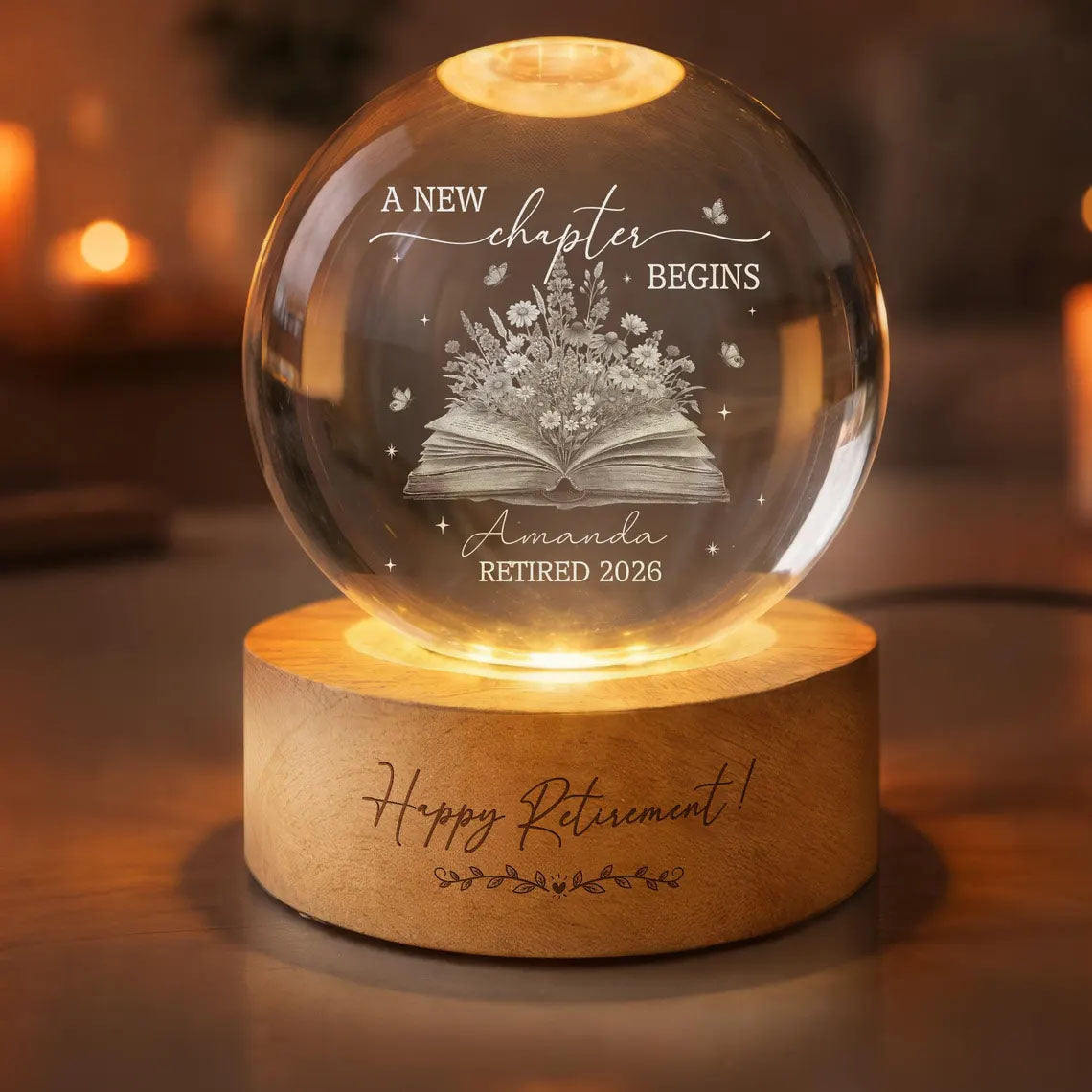 Personalized Retirement Crystal Ball Night Light, Going Away Gift for Coworker