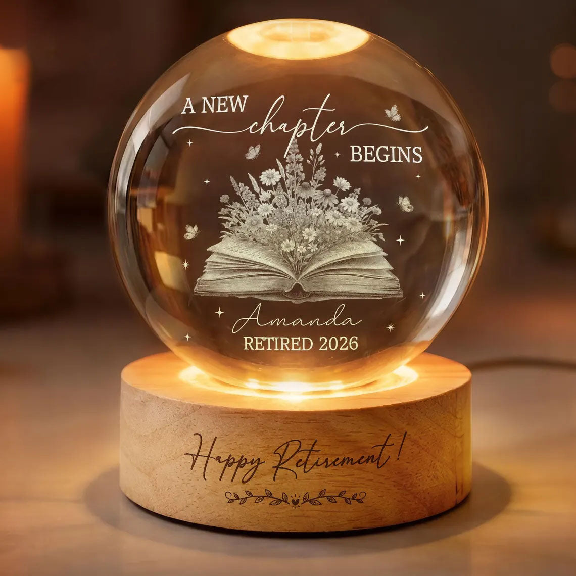 Personalized Retirement Crystal Ball Night Light, Going Away Gift for Coworker