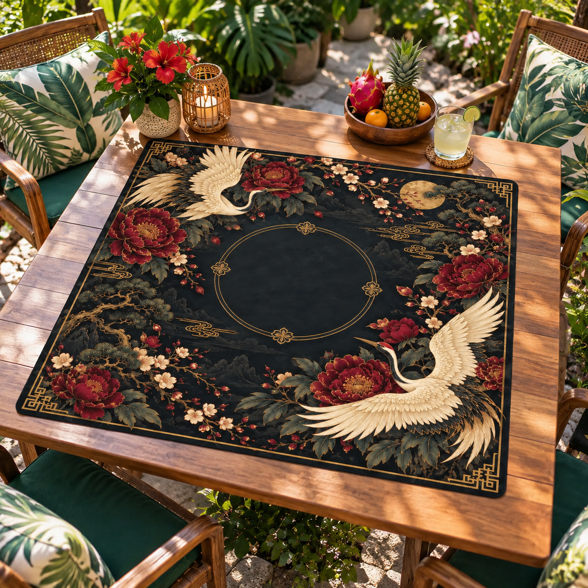 Chinoiserie Midnight Crane Mahjong Mat, Non Slip American Mahjong Table Play Mat, Smooth Surface Game Mat
