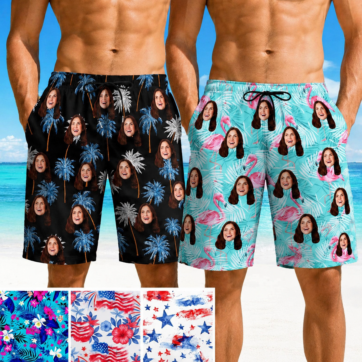Custom Photo Face Tropical Swim Trunks, Personalized Mens Flamingo Palm Board Shorts, Custom Beach Shorts