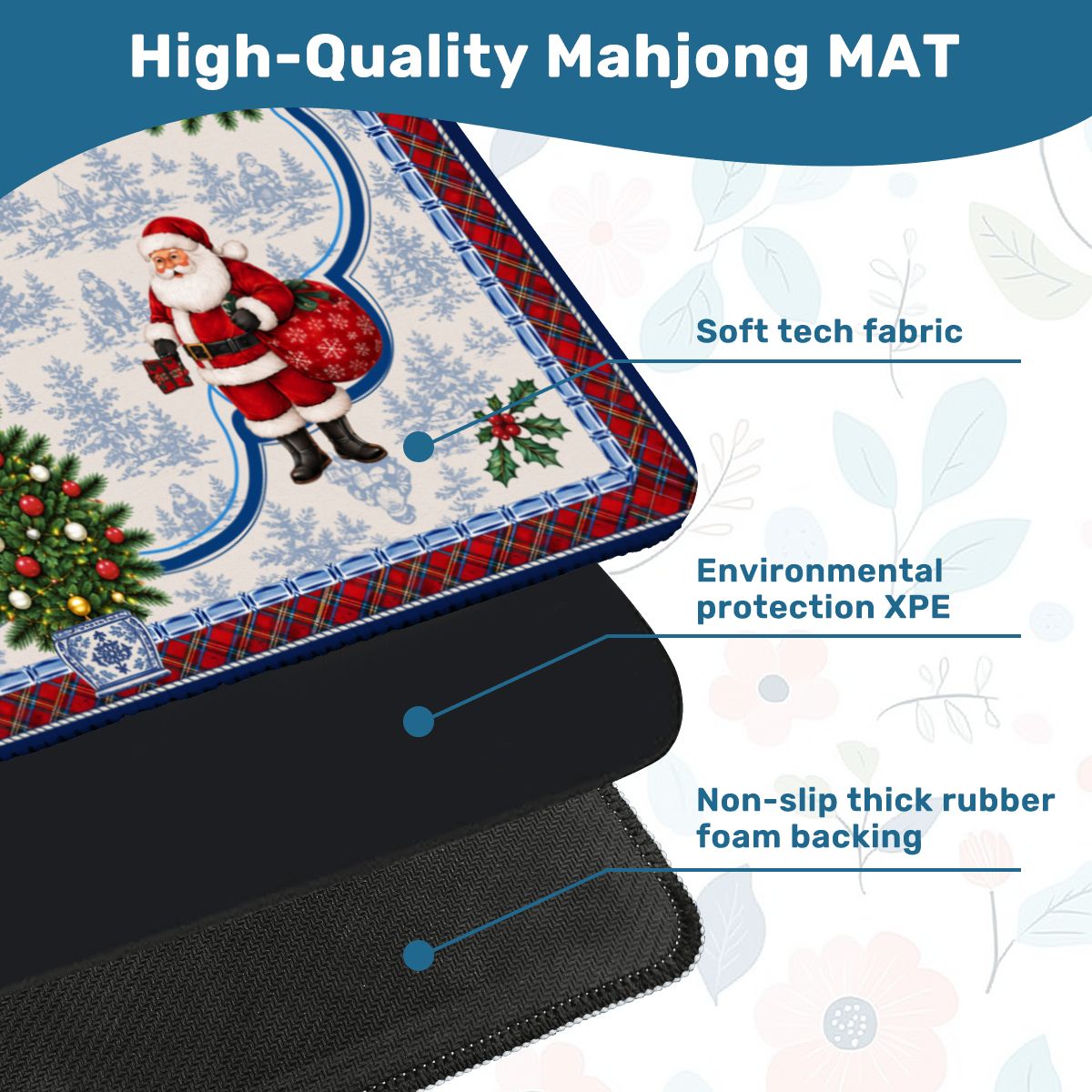Christmas Santa Mahjong Mat, Luxury Blue White Festive Tartan Game Mat, Non-Slip Table Protect Cover