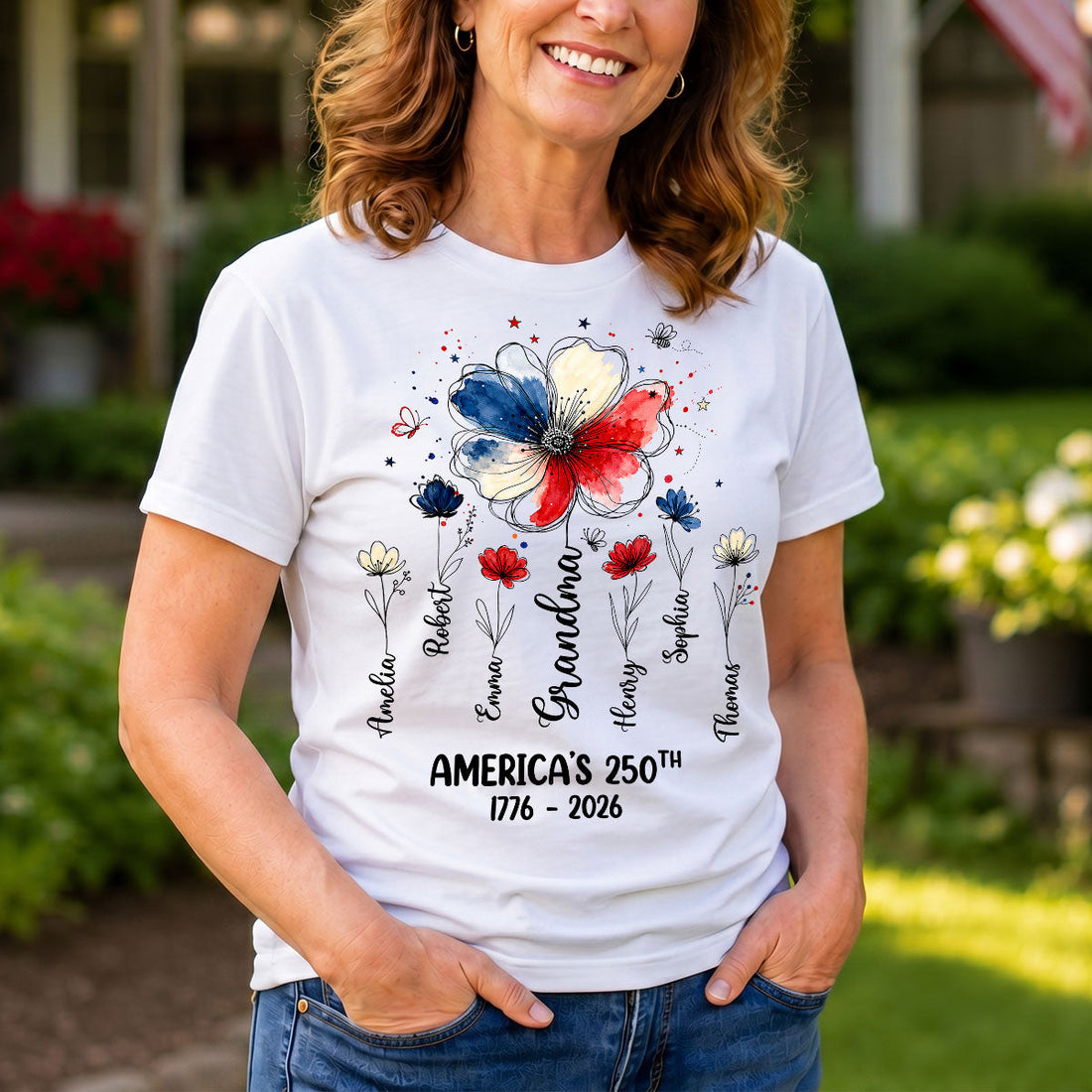 Proud Mom Grandma Flowers American 250th Anniversary - Personalized Shirt - Gift For Mom, Grandma