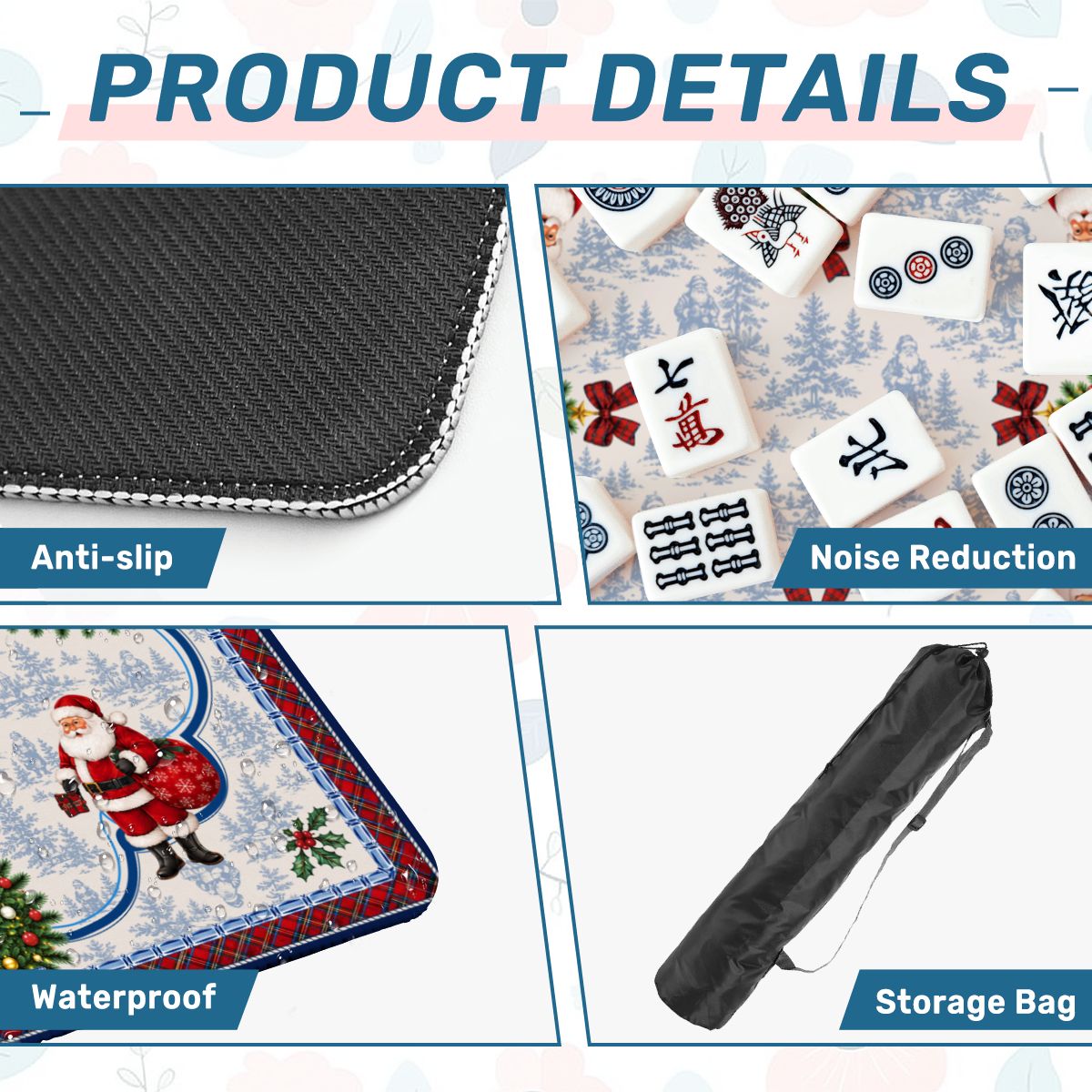 Christmas Santa Mahjong Mat, Luxury Blue White Festive Tartan Game Mat, Non-Slip Table Protect Cover