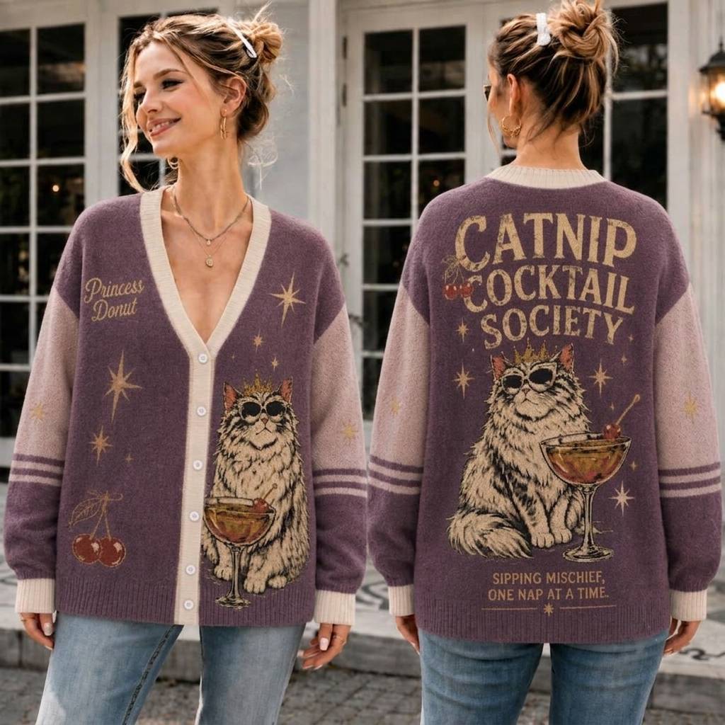 Dungeon Crawler Carl Sweater, Catnip Cocktail Society Cardigan, DCC Cat Cardigan, Fantasy Book Lover Gift, Cozy Knit Sweater